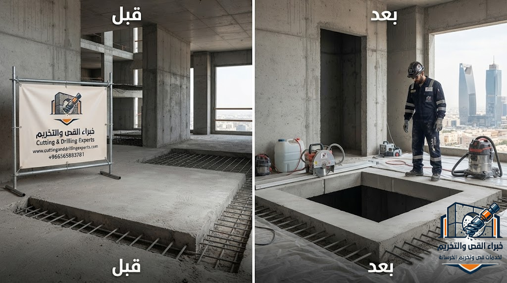 قص فتحات المصاعد الخرسانية بالرياض باستخدام مناشير الألماس والواير الماسي مع الحفاظ على سلامة الهيكل الخرساني